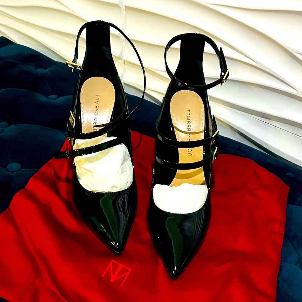 Brand New; never worn Tamara Mellon Pistol 105 Mary Jane patent leather pumps.